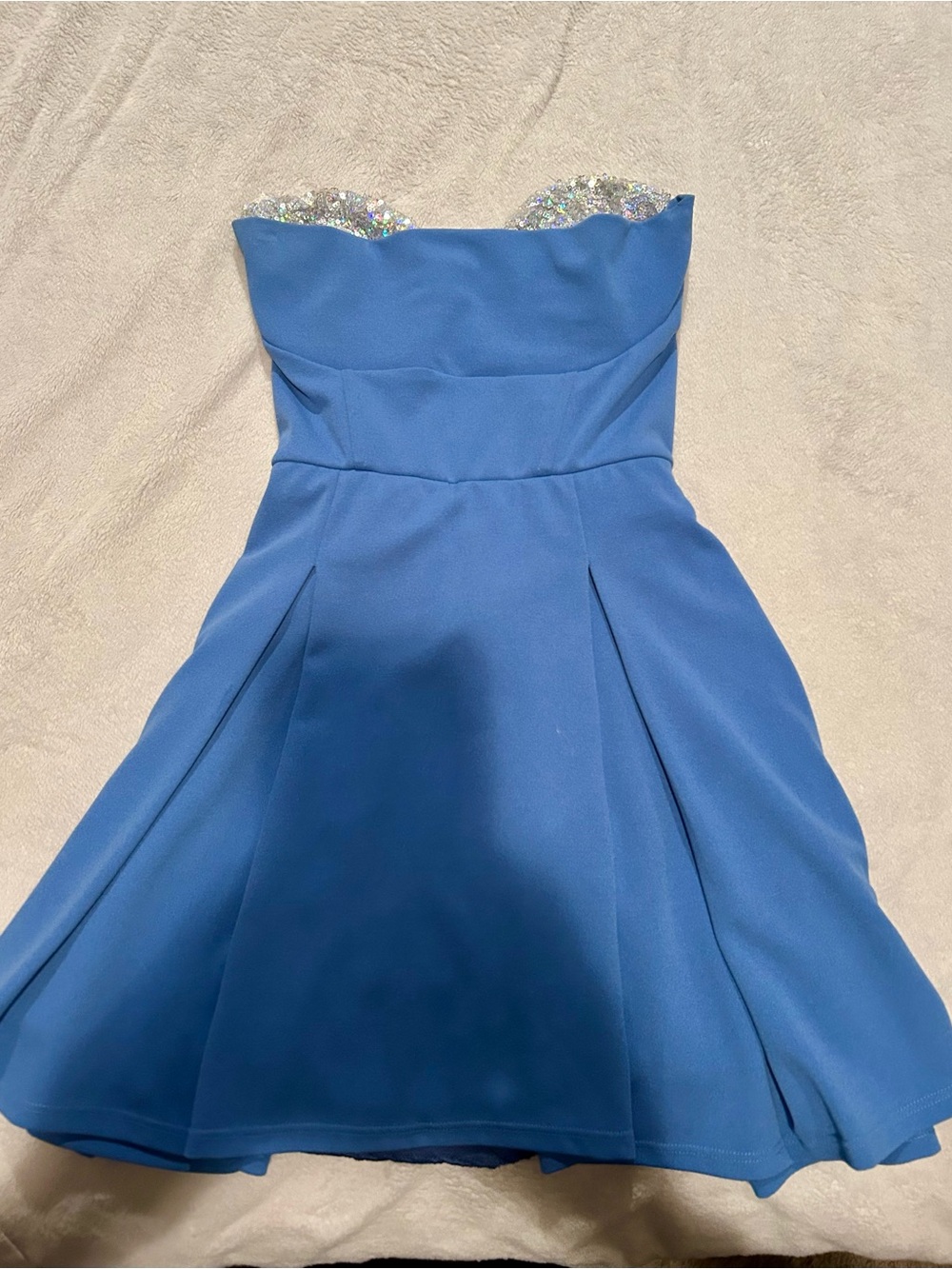 Strapless Blue Skater Dress with Sequin Bust
